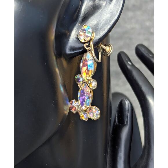 Vintage Weiss Earrings, Marquis and Round AB Rhinestones, Screw Backs, Dangle - Picture 1 of 5